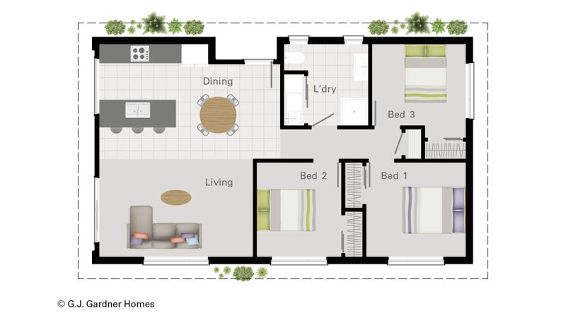 Ruakaka floor plan — open-plan kitchen, dining and living, three bedrooms, bathroom and laundry